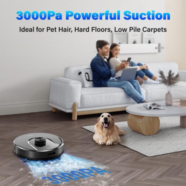 Tikom L8000 Robot Vacuum and Mop with Advanced Laser LiDAR Navigation – Powerful 3,000Pa Suction, 150-Minute Runtime, Ultra-Quiet Operation (45dB), and Self-Charging Functionality – Perfect for Pet Hair, Carpets, and Hard Floors - Image 3