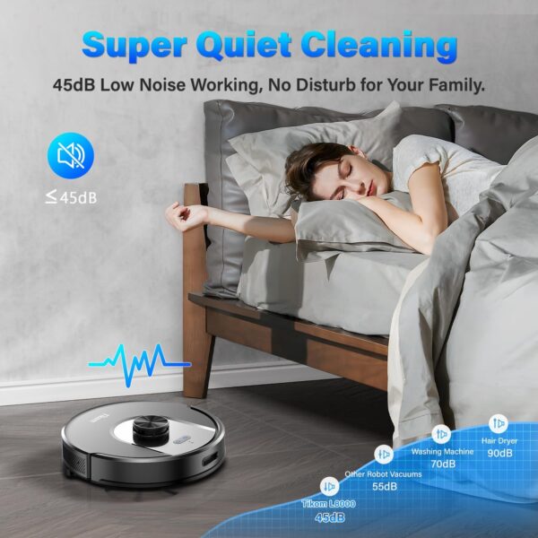 Tikom L8000 Robot Vacuum and Mop with Advanced Laser LiDAR Navigation – Powerful 3,000Pa Suction, 150-Minute Runtime, Ultra-Quiet Operation (45dB), and Self-Charging Functionality – Perfect for Pet Hair, Carpets, and Hard Floors - Image 4