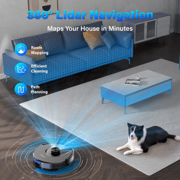 Tikom L8000 Robot Vacuum and Mop with Advanced Laser LiDAR Navigation – Powerful 3,000Pa Suction, 150-Minute Runtime, Ultra-Quiet Operation (45dB), and Self-Charging Functionality – Perfect for Pet Hair, Carpets, and Hard Floors - Image 5