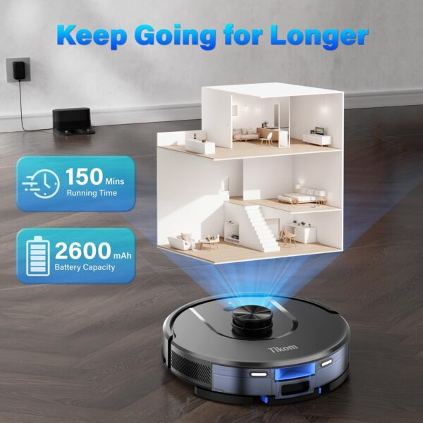 Tikom L8000 Robot Vacuum and Mop with Advanced Laser LiDAR Navigation – Powerful 3,000Pa Suction, 150-Minute Runtime, Ultra-Quiet Operation (45dB), and Self-Charging Functionality – Perfect for Pet Hair, Carpets, and Hard Floors - Image 6